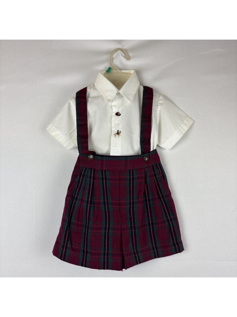 VTG Baby Boy Overall Short Set Sz 2T Plaid Jockey Horse